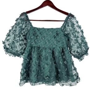 Thirty/Thirty L/A Blouse Womens L Green 3D Floral Puff Sleeve Cottagecore Fairy